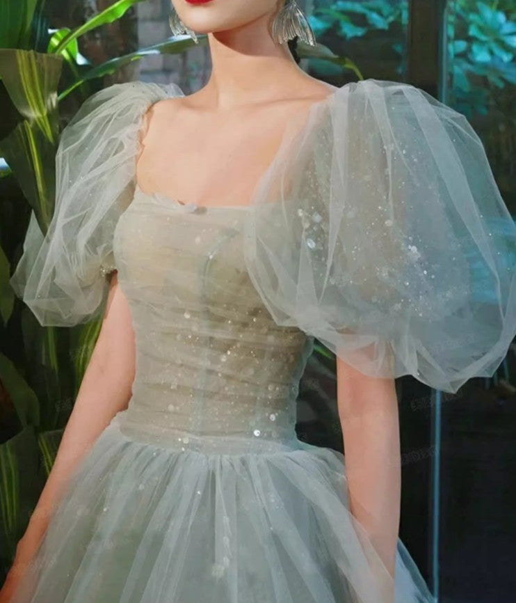 Puff Sleeves Blue Long Prom Dress, Tulle Formal Evening Dress HZ1024