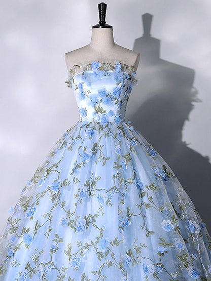 Blue Tulle 3 D Applique Long Prom Dress, Blue Formal Evening Dress ED0734