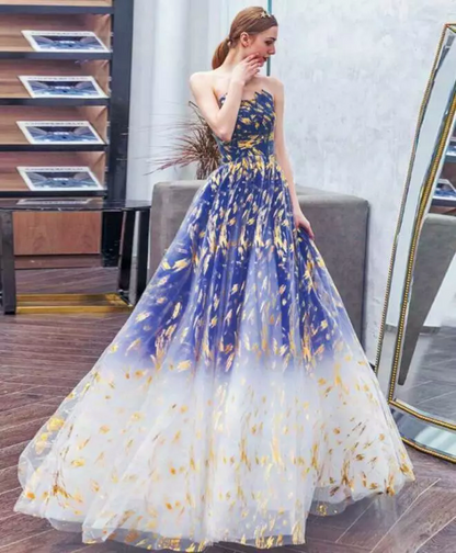 Tulle Blue Long Prom Dress, Blue Tulle Long Evening Dresses HZ1024