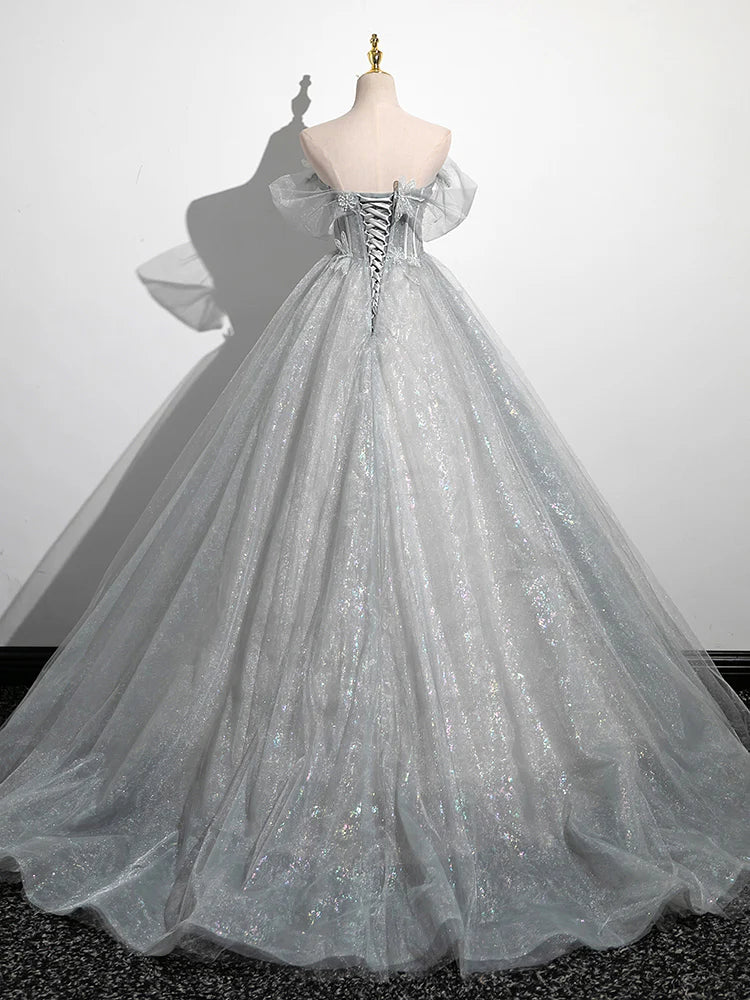 A-Line Tulle Long Prom Dress, Gray Tulle Formal Evening Dress HZ1024