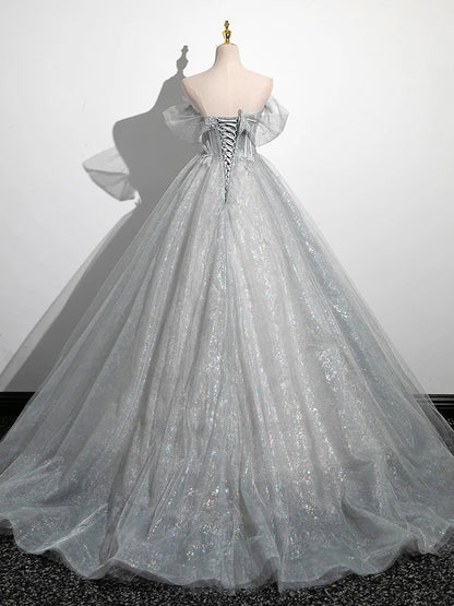 A-Line Tulle Long Prom Dress, Gray Tulle Formal Evening Dress HZ1024