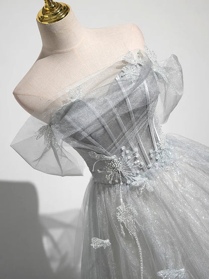 A-Line Tulle Long Prom Dress, Gray Tulle Formal Evening Dress HZ1024