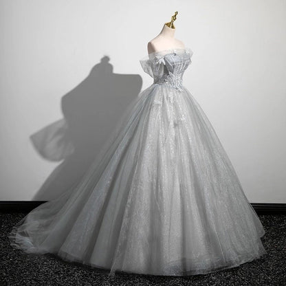 A-Line Tulle Long Prom Dress, Gray Tulle Formal Evening Dress HZ1024