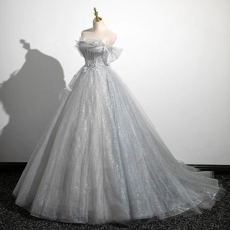 A-Line Tulle Long Prom Dress, Gray Tulle Formal Evening Dress HZ1024