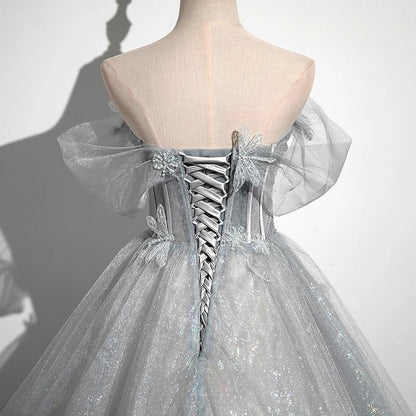 A-Line Tulle Long Prom Dress, Gray Tulle Formal Evening Dress HZ1024