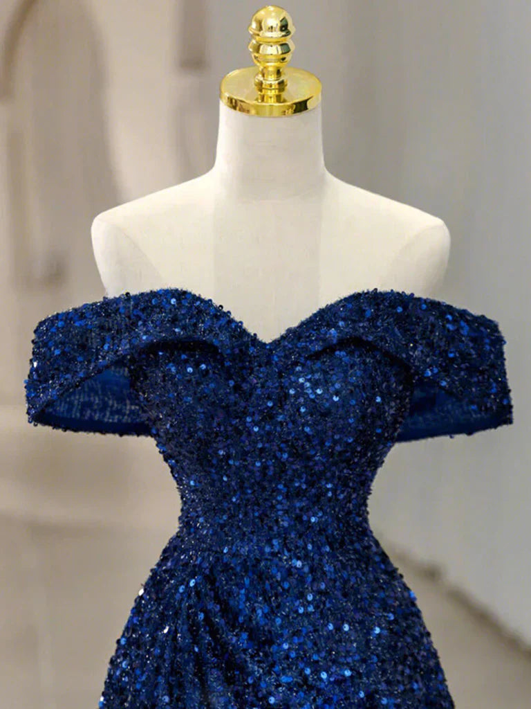 Off Shoulder Sequin Blue Long prom Dress, Blue Sequin Long Evening Dress HZ1024