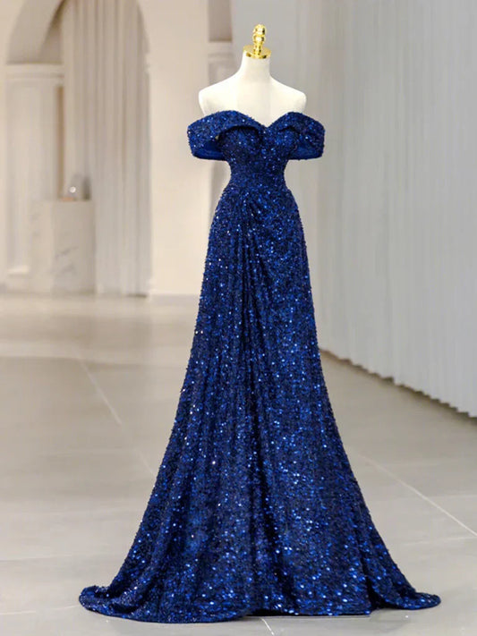Off Shoulder Sequin Blue Long prom Dress, Blue Sequin Long Evening Dress HZ1024