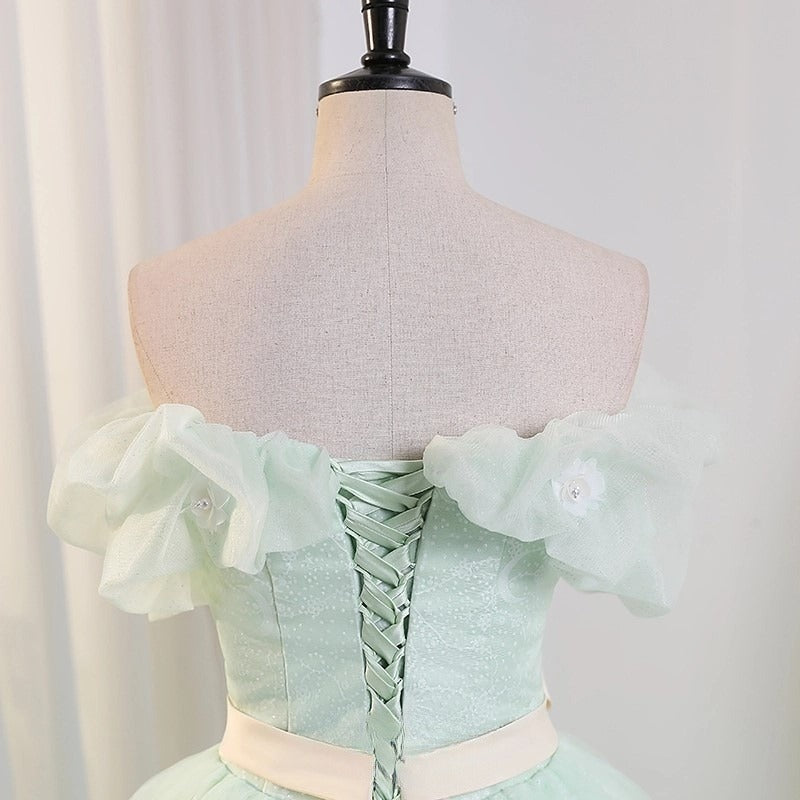 Green Off Shoulder Tulle Green Long Prom Dress, Green Lace Long Sweet 16 Dress ED0743