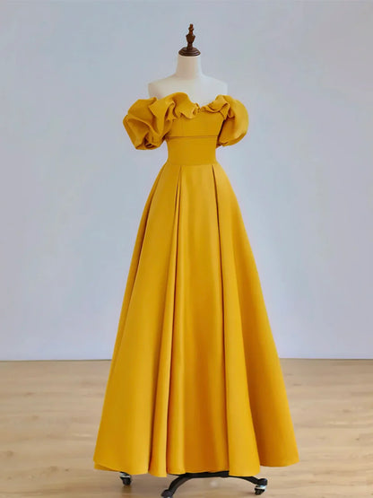 A-Line Off Shoulder Yellow Long Prom Dress, Yellow Long Graduation Dress ED0744