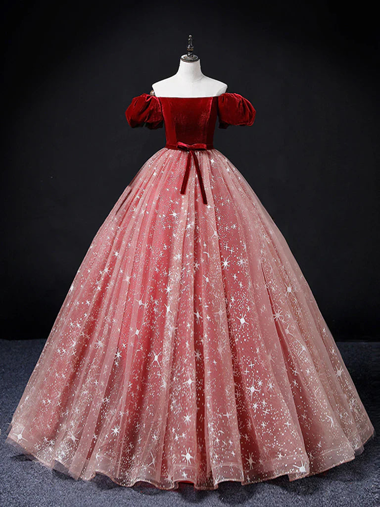 Burgundy/Pink Tulle Long Prom Dress, Burgundy/Pink Sweet 16 Dress HZ1024