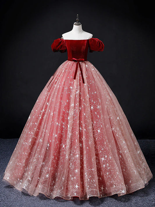 A-Line Burgundy/Pink Tulle Long Prom Dress, Burgundy/Pink Sweet 16 Dress ED0748