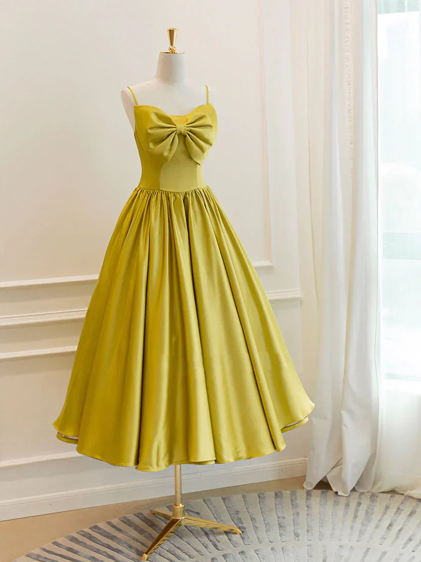 yellow satin short prom dress, yellow bridesmaid dress HZ1024