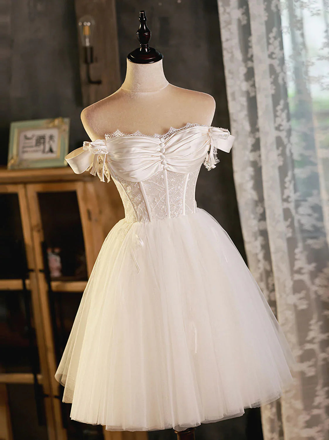 Ivory sweetheart neck tulle lace short prom dress tulle homecoming dress  ED0756