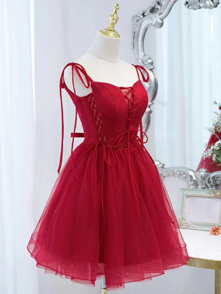 tulle lace short prom dress,burgundy homecoming dress HZ1024