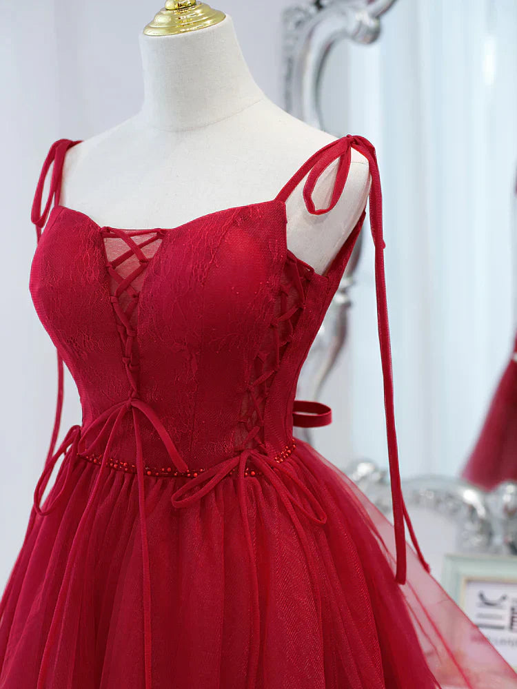 tulle lace short prom dress,burgundy homecoming dress HZ1024