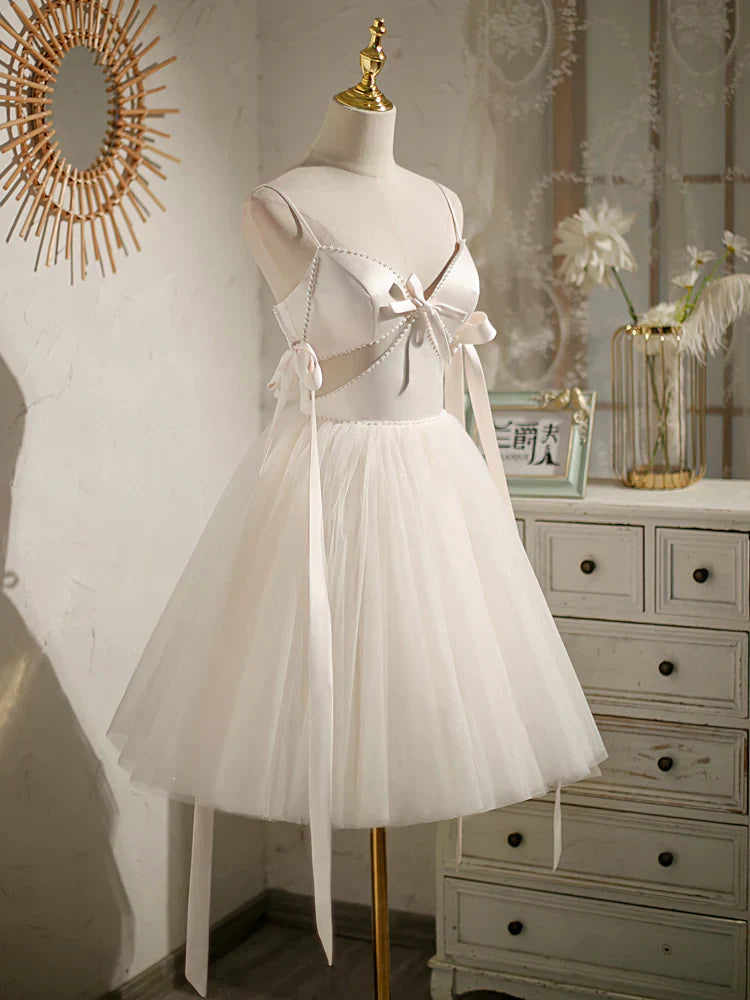A-line tulle short prom dress beige tulle homecoming dress HZ1024