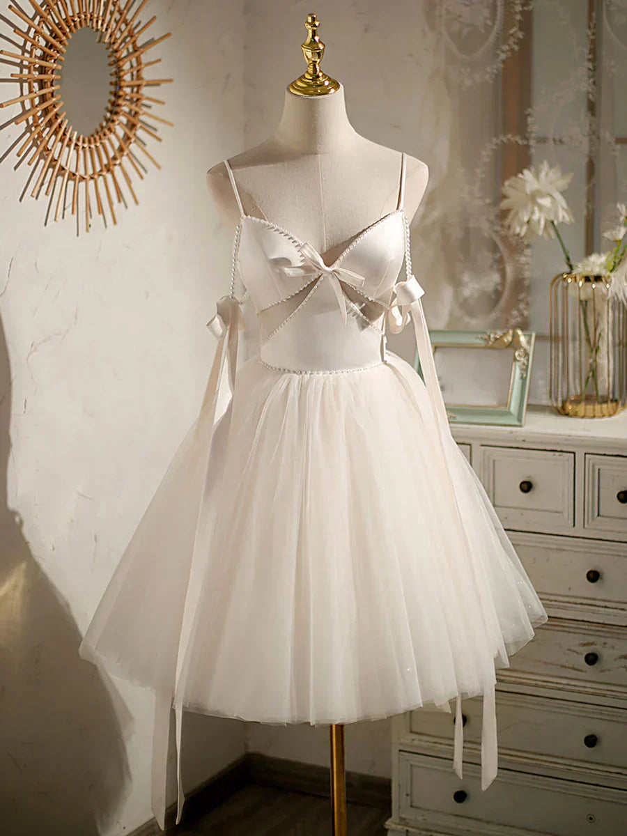 A-line tulle short prom dress beige tulle homecoming dress HZ1024