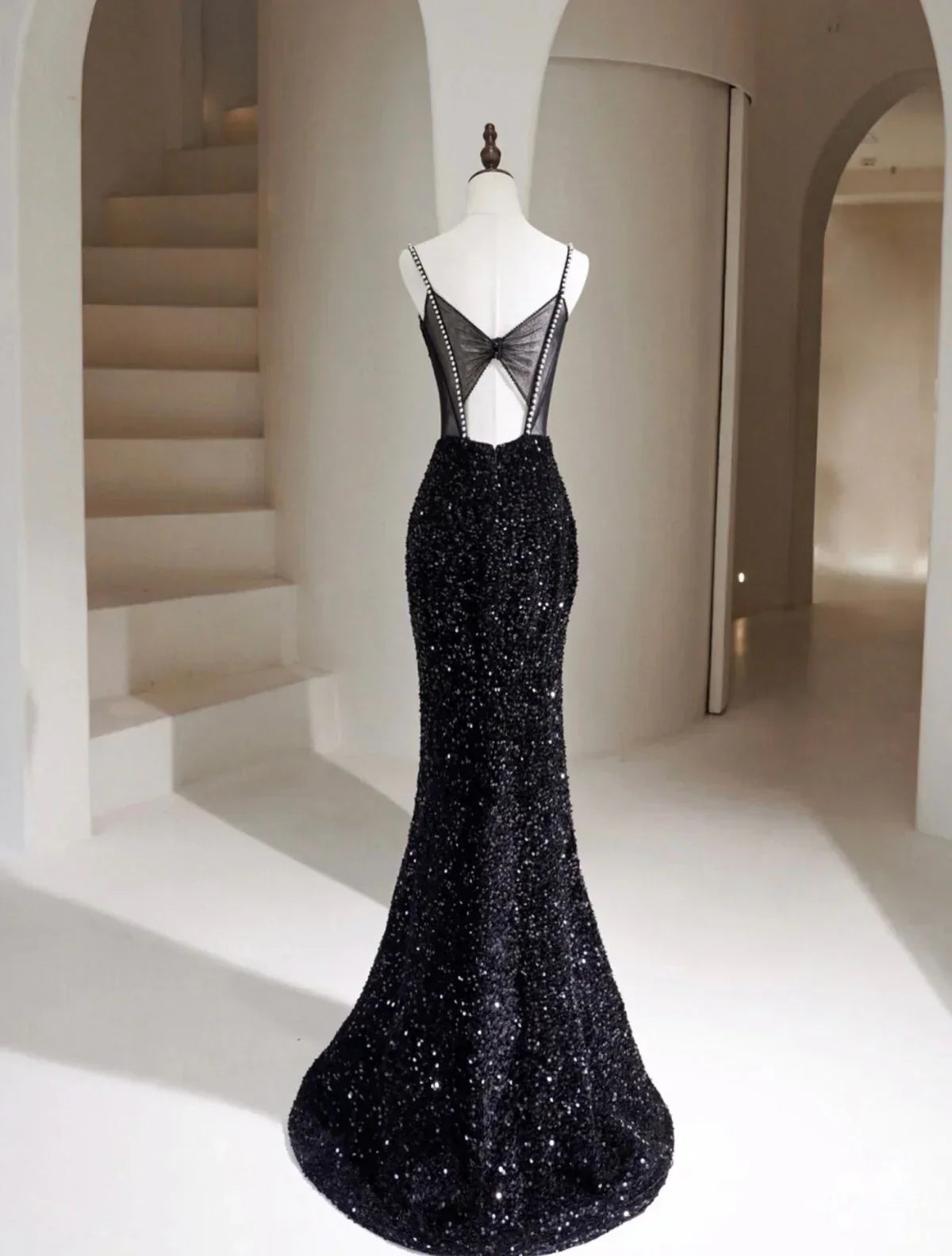 Mermaid Velvet Sequin Black Long Prom Dress, Black Long Evening Dress HZ1024