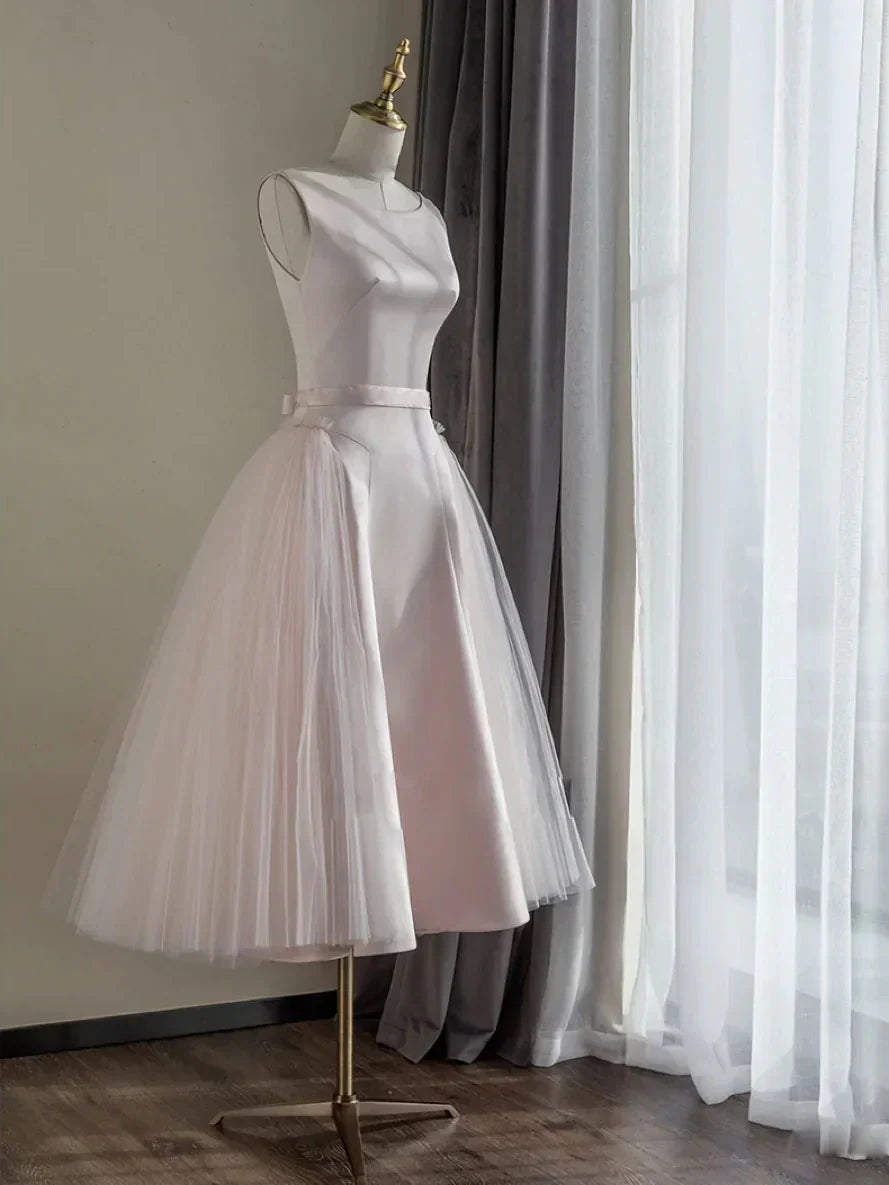 round neck satin short prom dress, pink tulle bridesmaid dress HZ1024