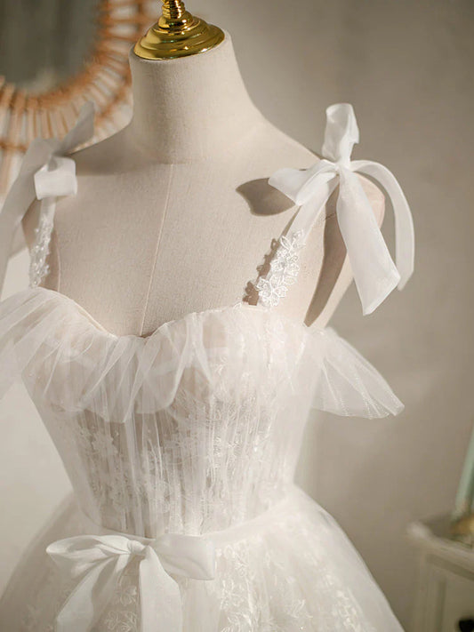 White sweetheart neck tulle lace short prom dress, white tulle formal dress  ED0761