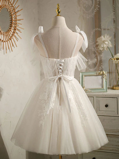 White sweetheart neck tulle lace short prom dress, white tulle formal dress  ED0761