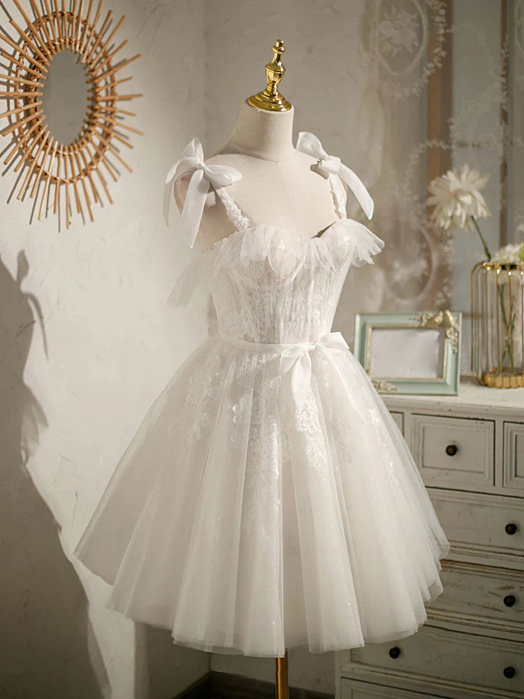 White sweetheart neck tulle lace short prom dress, white tulle formal dress  ED0761
