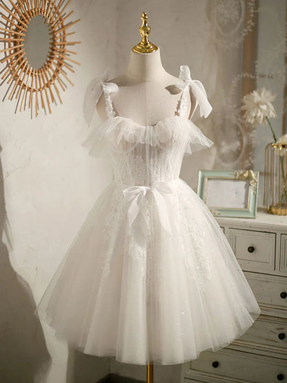White sweetheart neck tulle lace short prom dress, white tulle formal dress  ED0761
