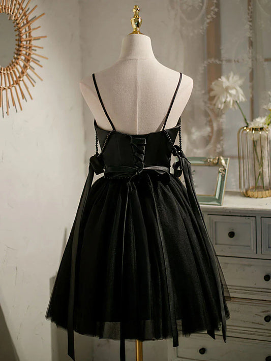 A-line tulle short prom dress, black homecoming dress HZ1024