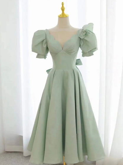 Simple green v neck satin short prom dress, green evening dress ED0763
