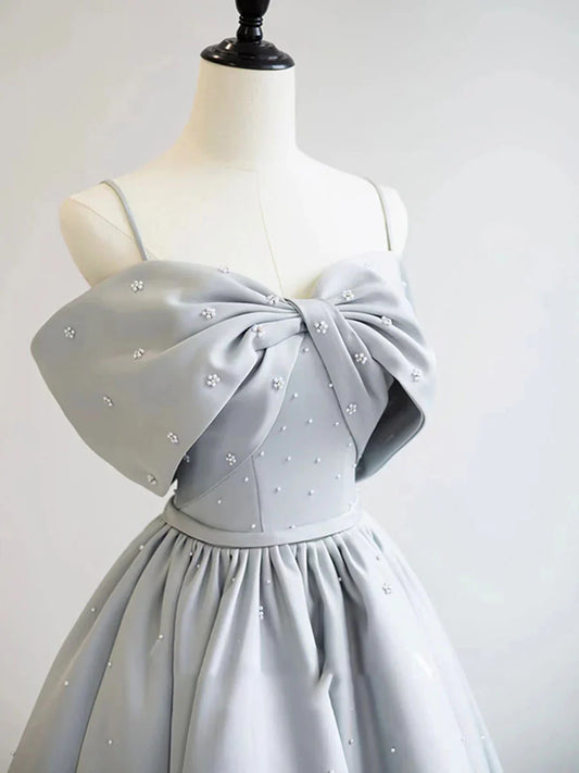 A-Line Satin Gray Long Prom Dresses, Gray Long Formal Dresses ED0764