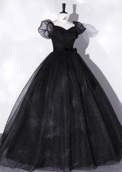 A-Line Tulle Long Prom Dresses, Black Formal Sweet 16 Dress HZ1024