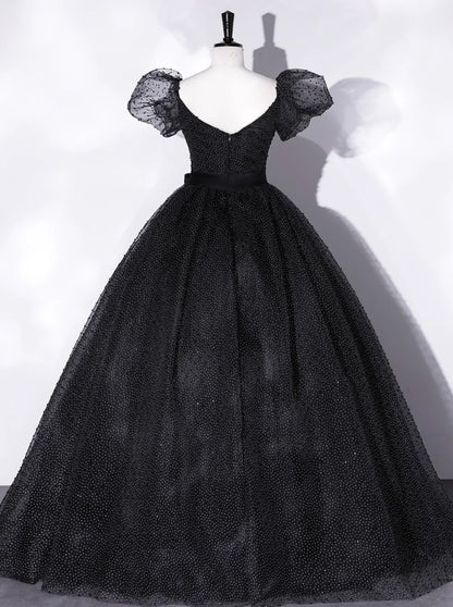 A-Line Tulle Long Prom Dresses, Black Formal Sweet 16 Dress HZ1024
