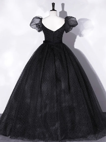 Black A-Line Tulle Long Prom Dresses, Black Formal Sweet 16 Dress ED0766