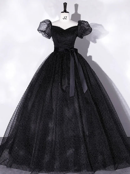 A-Line Tulle Long Prom Dresses, Black Formal Sweet 16 Dress HZ1024