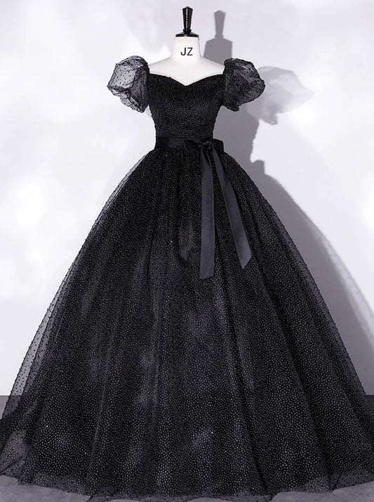 A-Line Tulle Long Prom Dresses, Black Formal Sweet 16 Dress HZ1024