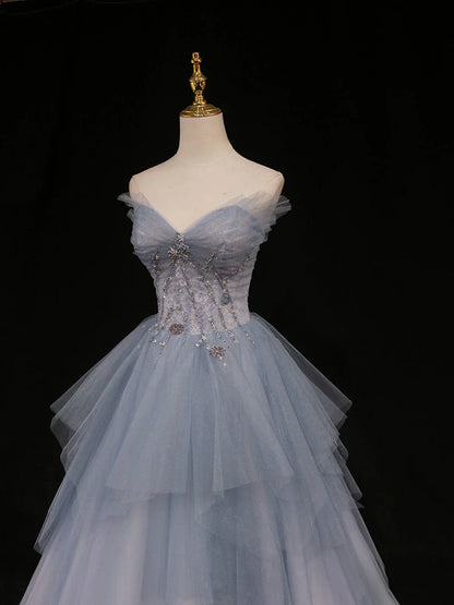 Blue A-Line Tulle Long Prom Dresses, Blue Tulle Formal Graduation Dresses ED0767