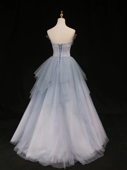 A-Line Tulle Long Prom Dresses, Blue Tulle Formal Graduation Dresses HZ1024