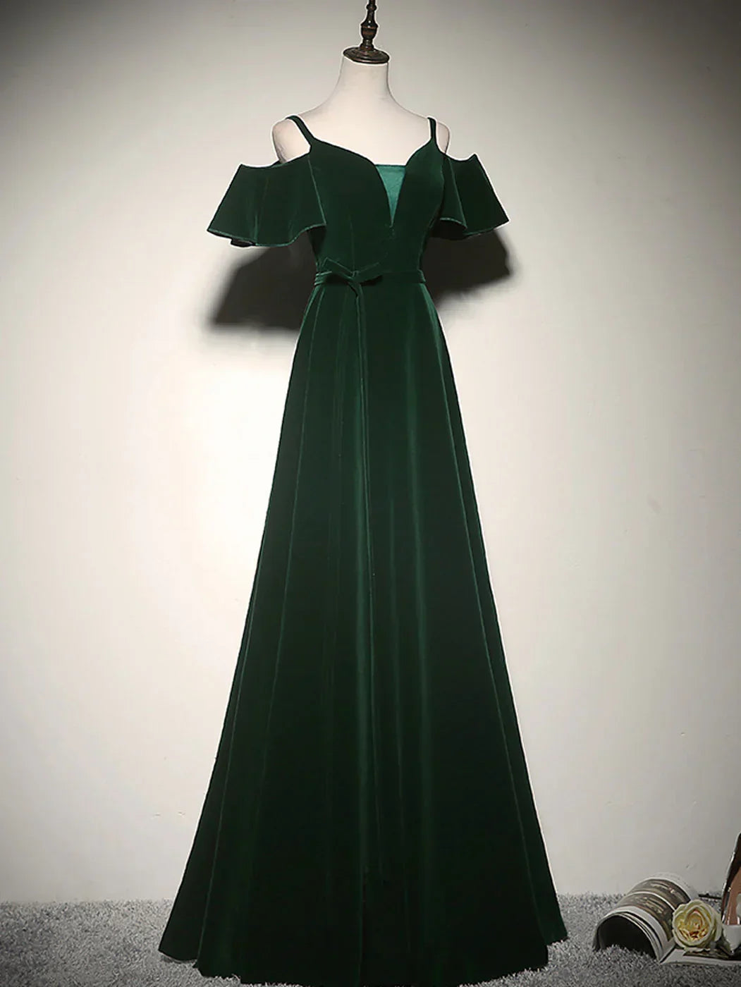 A-Line Velvet Long Prom Dresses, Green Formal Evening Dress HZ1024