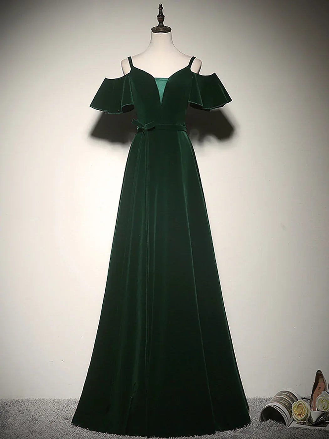 A-Line Velvet Long Prom Dresses, Green Formal Evening Dress HZ1024