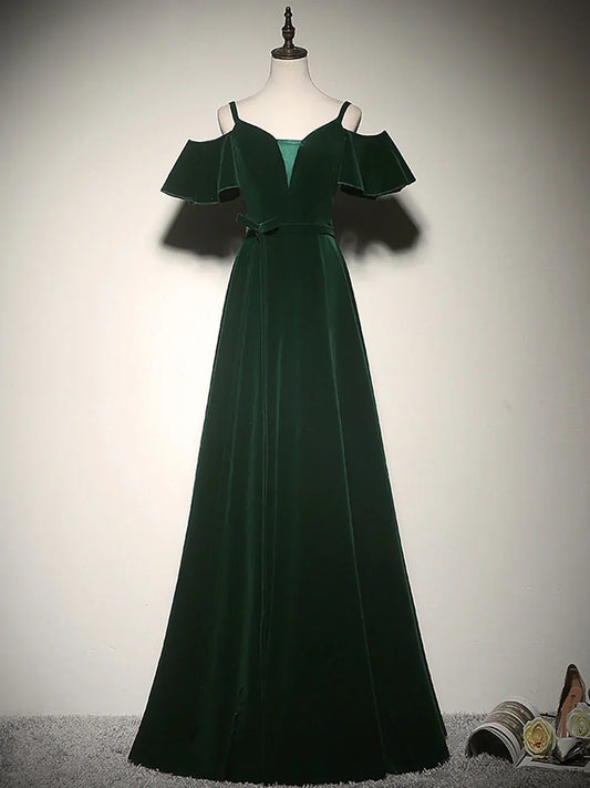 A-Line Velvet Long Prom Dresses, Green Formal Evening Dress HZ1024