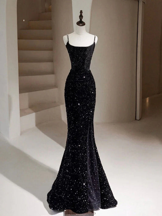 Simple Mermaid Velvet Sequin Black Long Prom Dress, Black Long Evening Dress   ED076