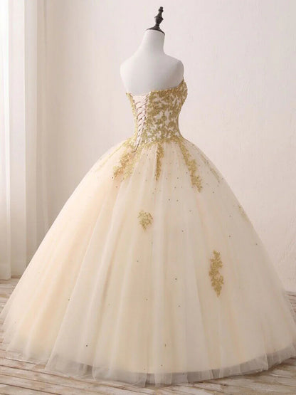 Champagne Sweetheart Neck Tulle Long Prom Gown, Champagne Sweet 16 Dress ED0770