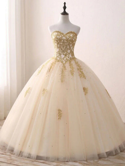 Champagne Sweetheart Neck Tulle Long Prom Gown, Champagne Sweet 16 Dress ED0770