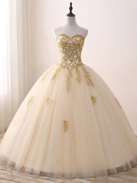 Champagne Sweetheart Neck Tulle Long Prom Gown, Champagne Sweet 16 Dress ED0770