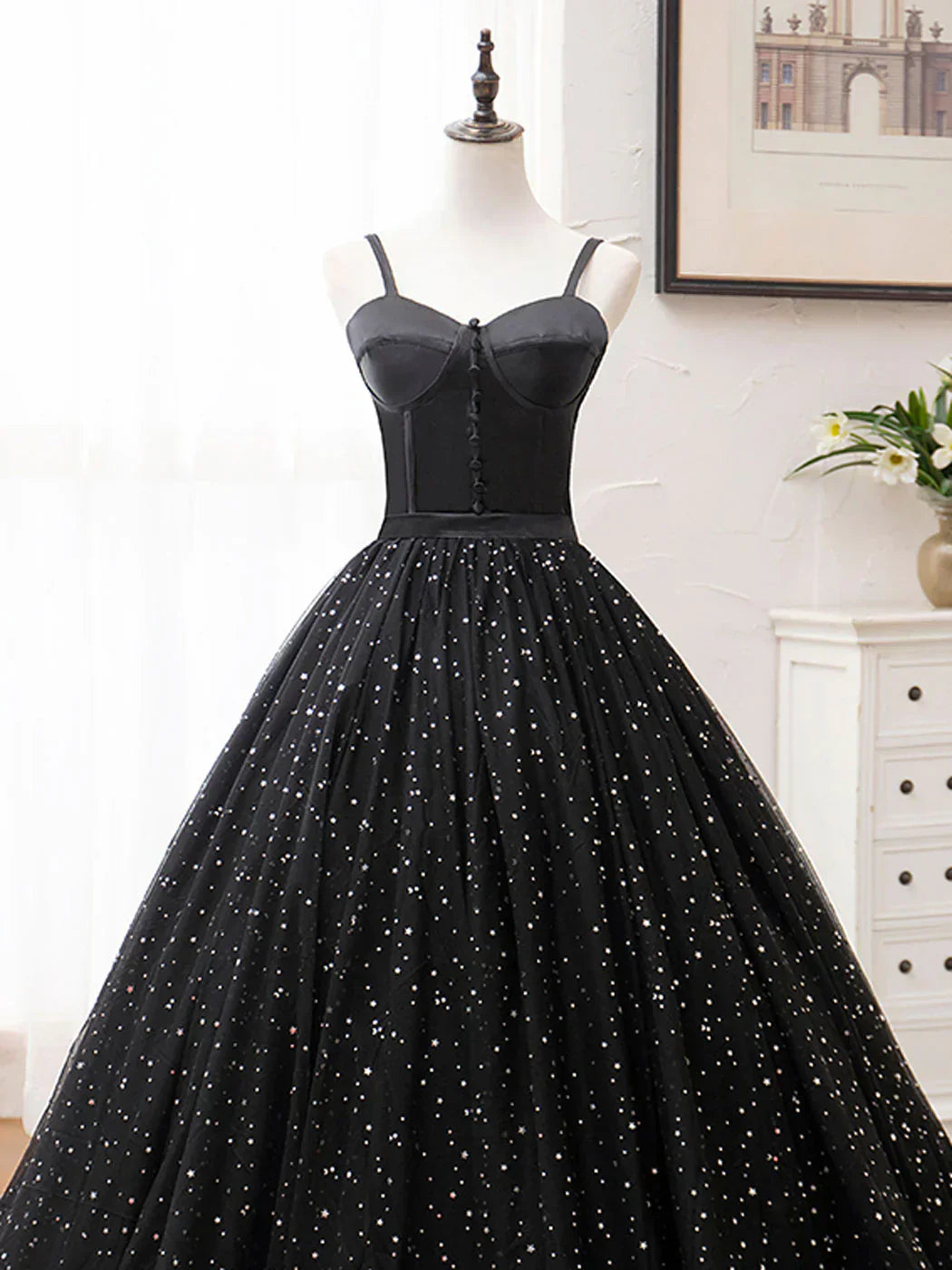 A-Line Tulle Long Prom Dress, Black Formal Evening Dresses HZ1024