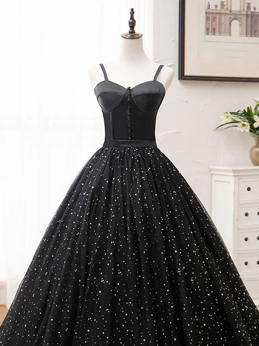 A-Line Tulle Long Prom Dress, Black Formal Evening Dresses HZ1024