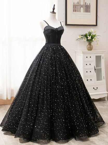 A-Line Tulle Long Prom Dress, Black Formal Evening Dresses HZ1024