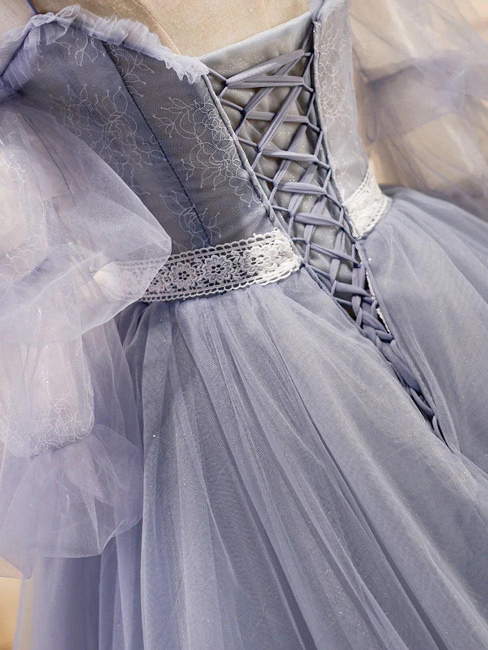 A-Line V Neck Tulle Lace Gray Blue Long Prom Dress, Formal Graduation Dress ED0775