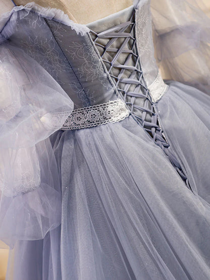 A-Line V Neck Tulle Lace Gray Blue Long Prom Dress, Formal Graduation Dress ED0775