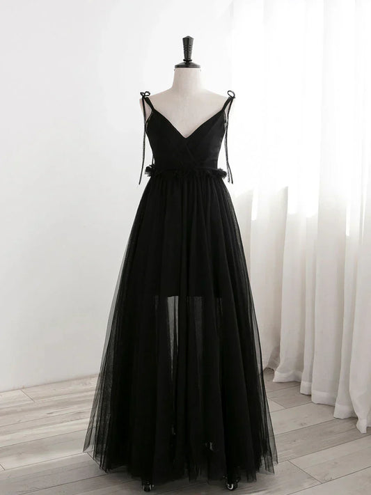 Black Tulle Long Prom Dresses, Black Formal Evening Dresses HZ1024